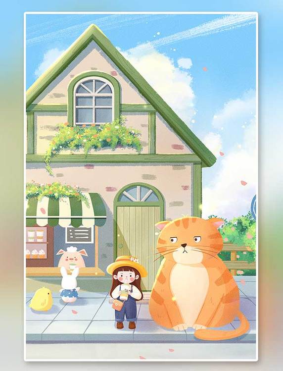 夏天夏季卡通儿童插画儿插街道城市店铺动物猫咪喝奶茶