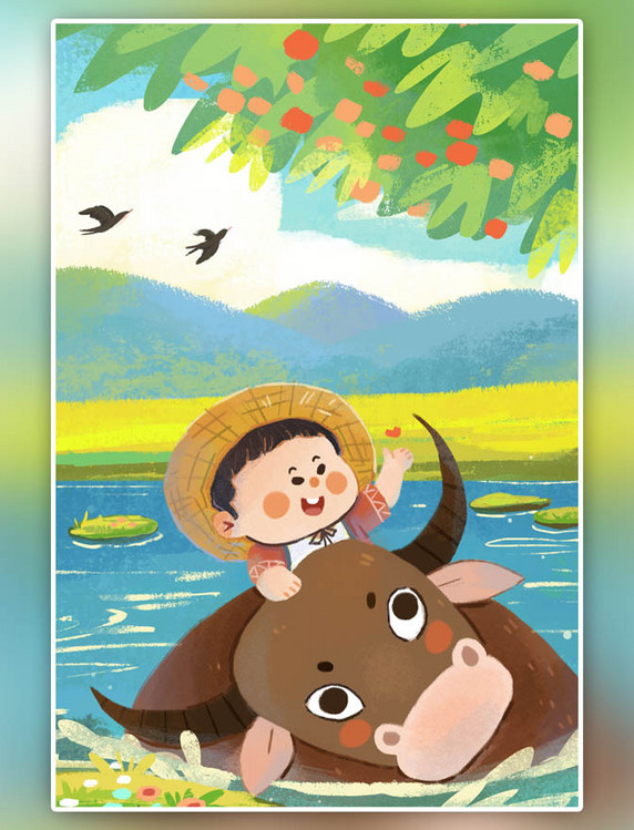 春天春季清明水牛牧童风景治愈系竖图