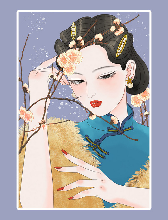 民国风旗袍美人主题中国风人物复古插画