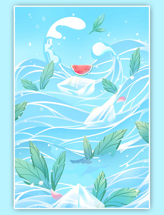 蓝色夏天夏季泳池树叶西瓜创意插画