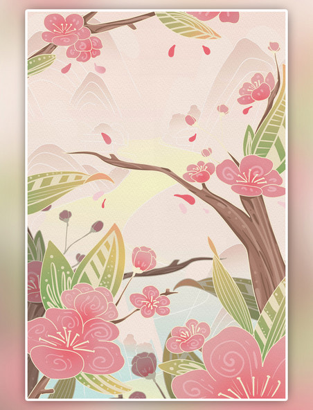 粉色春天桃花树枝盛开矢量扁平插画竖图