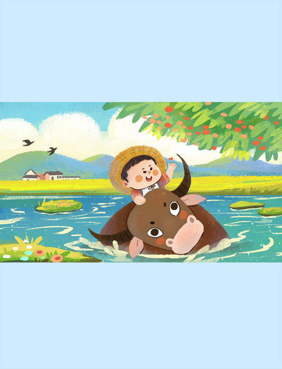 春天春季清明水牛牧童风景治愈系横图