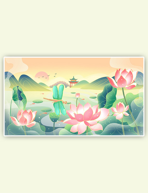 绿色国潮风夏季荷花山水风景插画海报背景