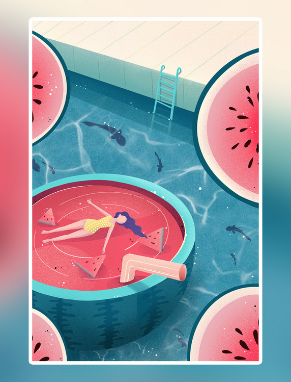 夏天夏季小暑西瓜凉爽游泳