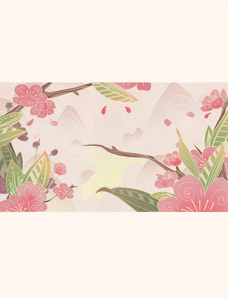 粉色春天桃花树枝盛开矢量扁平插画横图