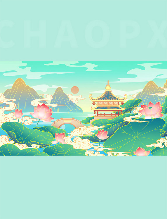 夏天夏国潮荷花荷叶荷塘城市风景