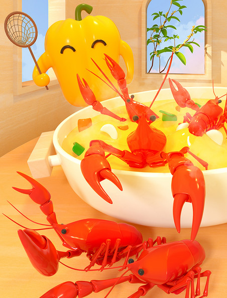 3D立体仿真香辣小龙虾夏天餐饮美食场景