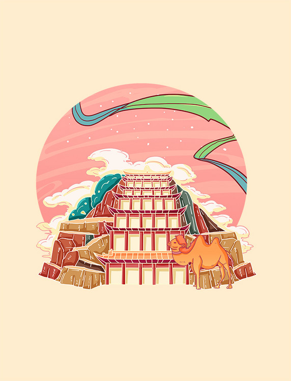 古风敦煌莫高窟旅游地标景点国潮插画