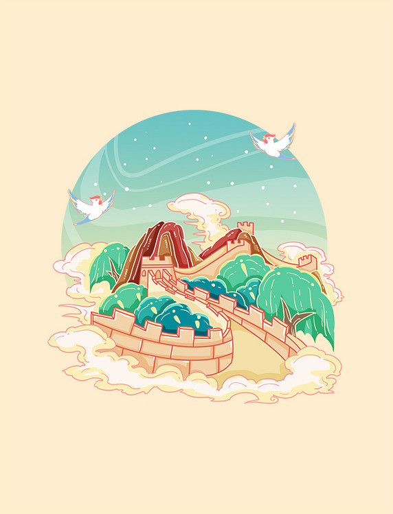 国画风北京长城旅游地标景点插画