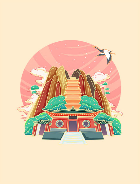 国潮古风少林寺旅游地标景点插画