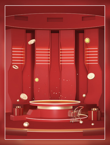 618红色电商展台舞台立体背景海报