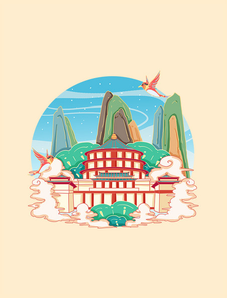 重庆标志建筑人民大会堂旅游地标国潮插画