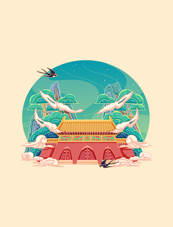 中国风北京明十三陵建筑旅游景点插画