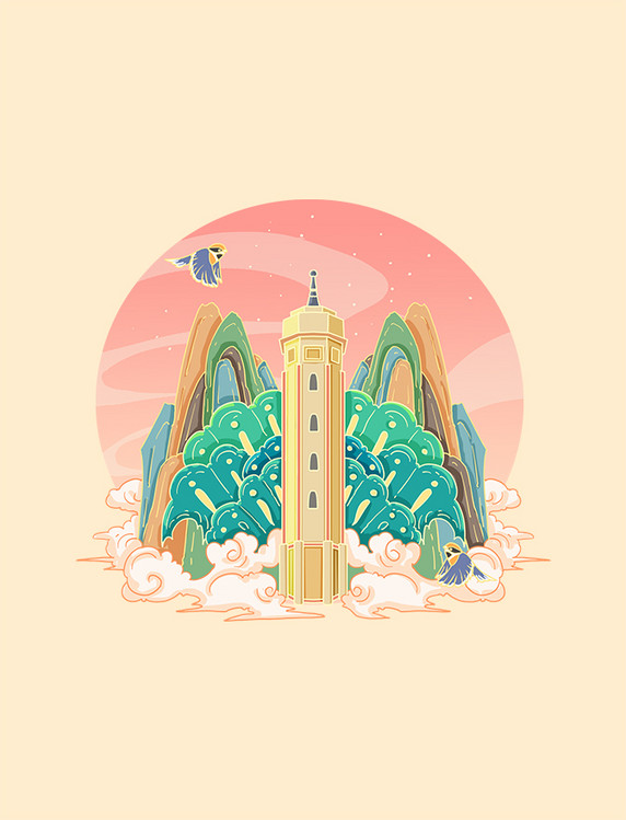 国画风重庆解放碑旅游景点插画