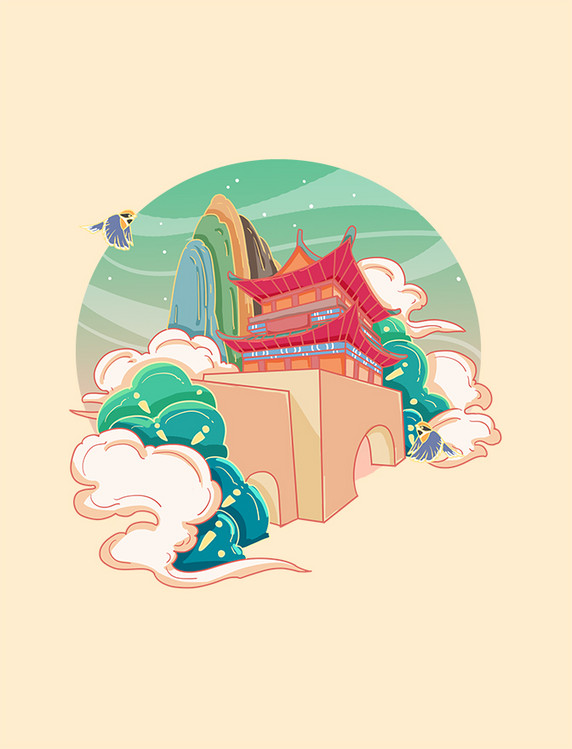 河南洛阳第一楼古风旅游景点国潮插画