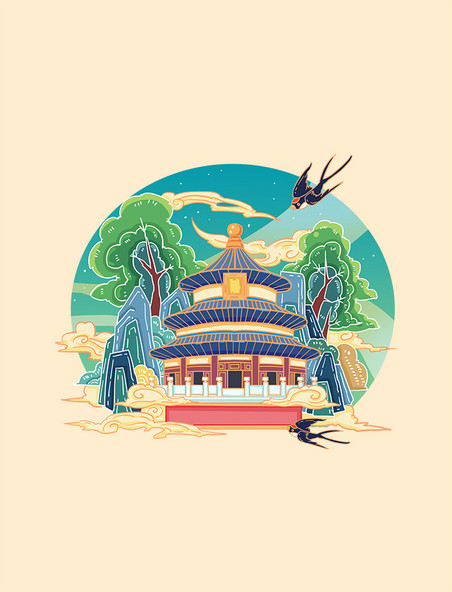 北京天坛中国风建筑旅游景点插画