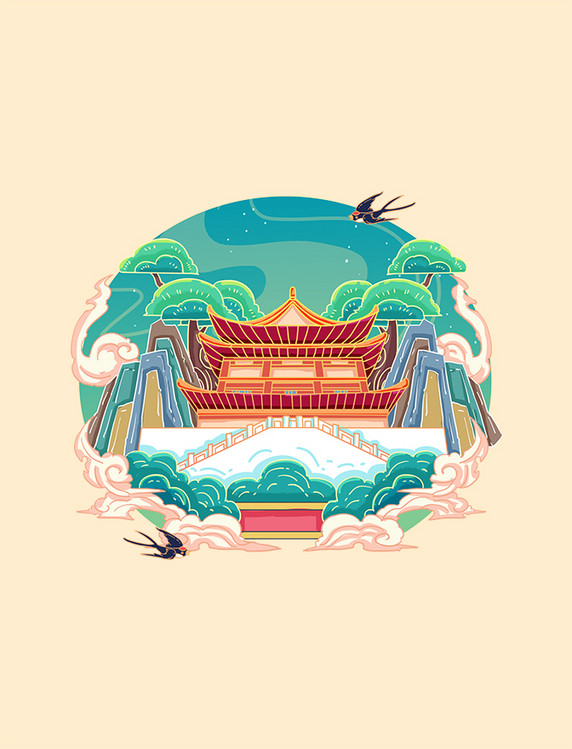 中国风西安钟楼旅游景点国潮插画