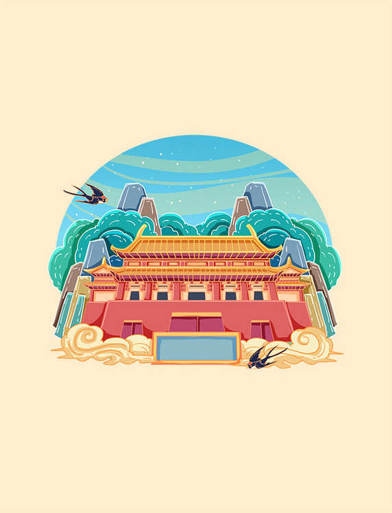 国潮中国风建筑北京故宫装饰旅游景点插画