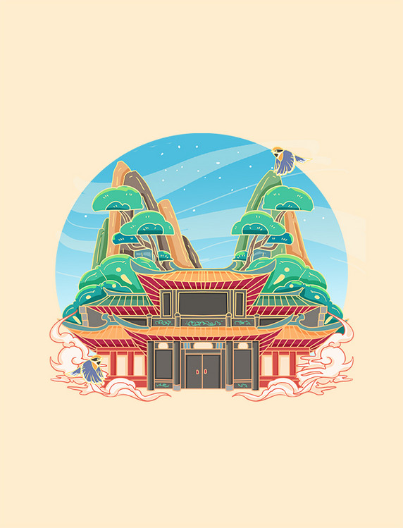 中国风成都景点青羊宫国潮旅游地标插画
