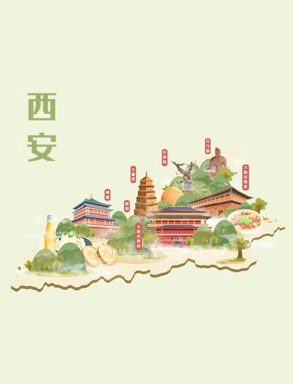 西安旅游地标美食地图插画建筑地图