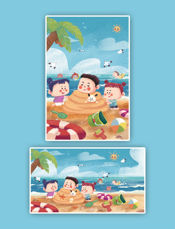 夏天儿童玩耍海边沙滩玩沙子玩具海鸥