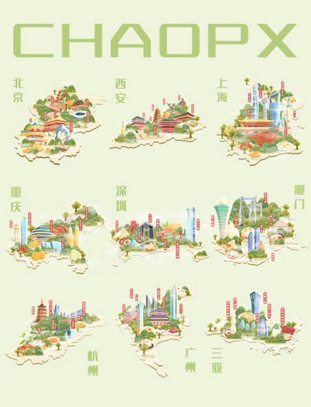 中国城市旅游地图地标建筑美食插画地图