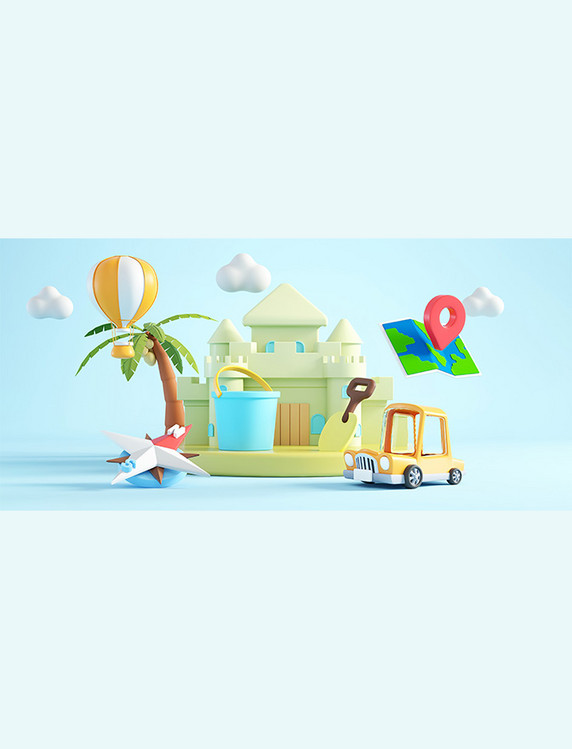 蓝色夏季度假汽车气球地图c4d背景3D立体