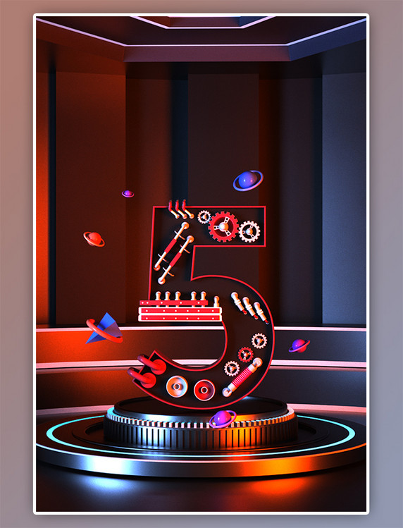 数字5倒计时电商科技C4D立体海报背景3D立体