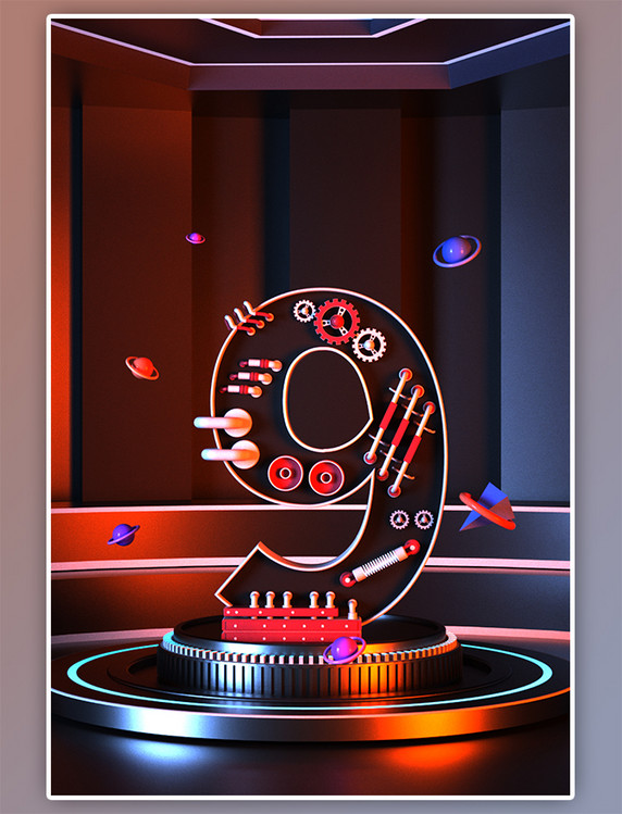 数字9倒计时电商科技C4D立体海报背景3D立体