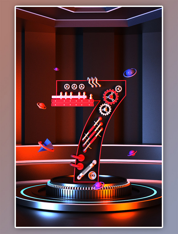 数字7倒计时电商科技C4D立体海报背景3D立体