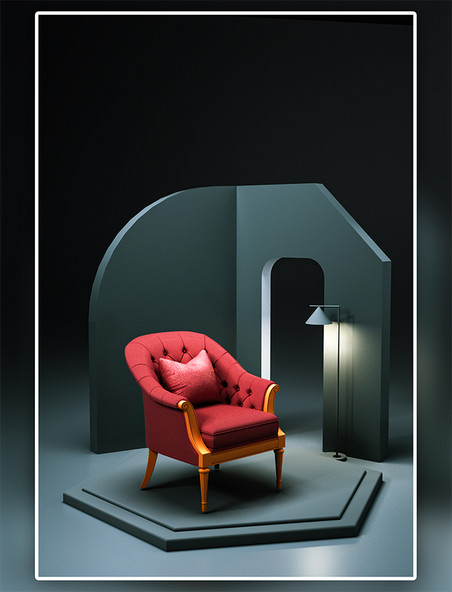 家居室内沙发暗色C4D简约背景海报