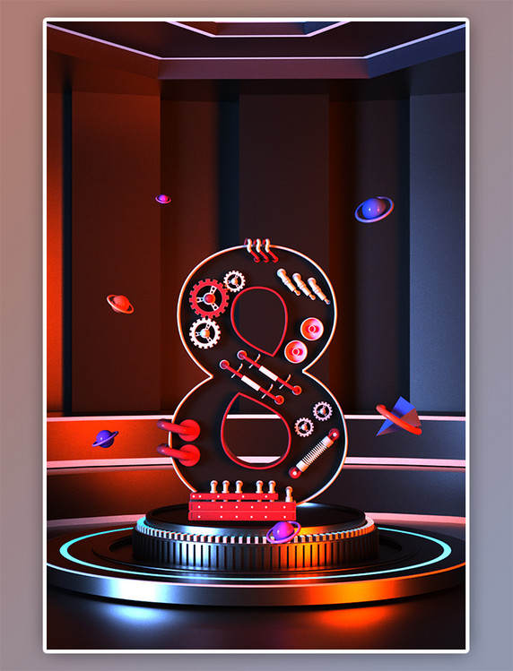 数字8倒计时电商科技C4D立体海报背景3D立体