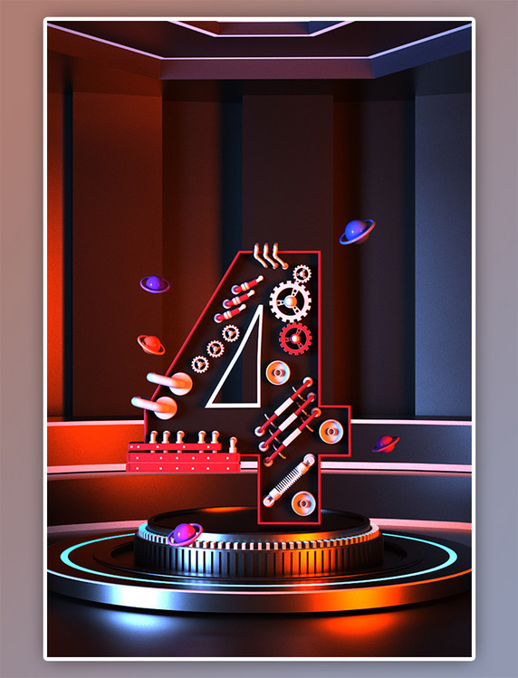 数字4倒计时电商科技C4D立体海报背景3D立体