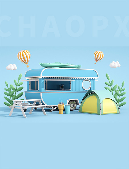 夏季夏天旅游户外气球蓝色c4d简约帐篷汽车背景