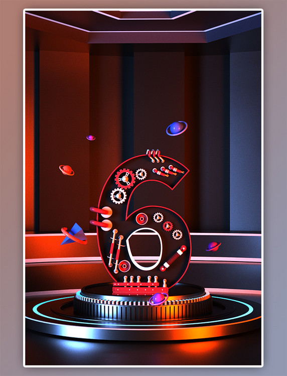 数字6倒计时科技炫酷电商C4D背景3D立体