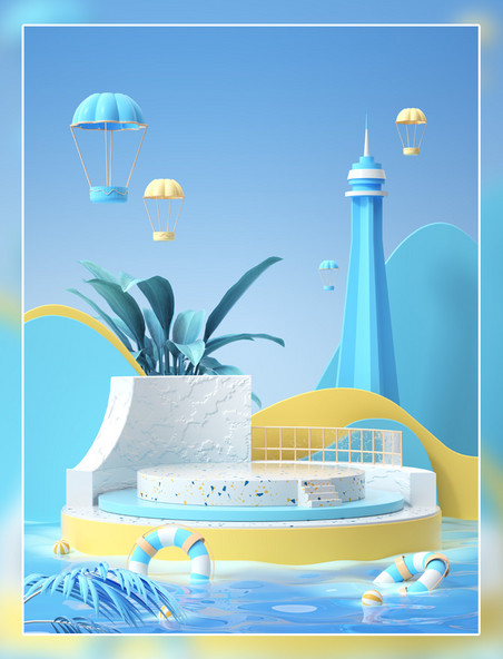夏季夏天蓝色简约水面电商展台海报背景