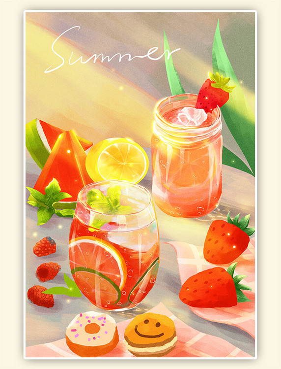 夏季夏天果汁饮料治愈美食甜点水果茶手绘插画