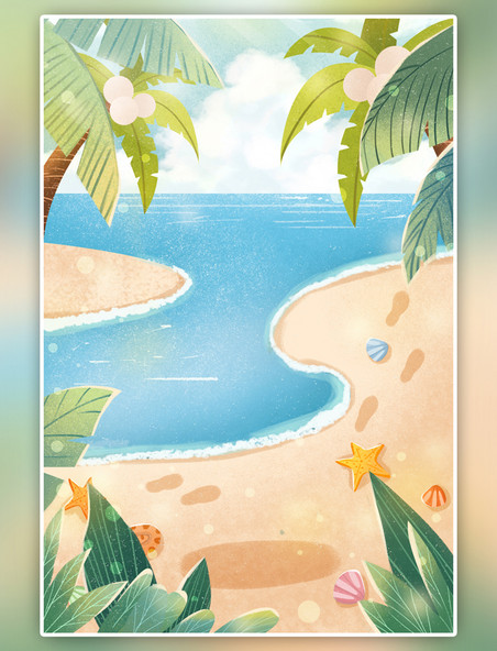 夏天海边蓝色卡通夏日海报度假热带岛屿背景