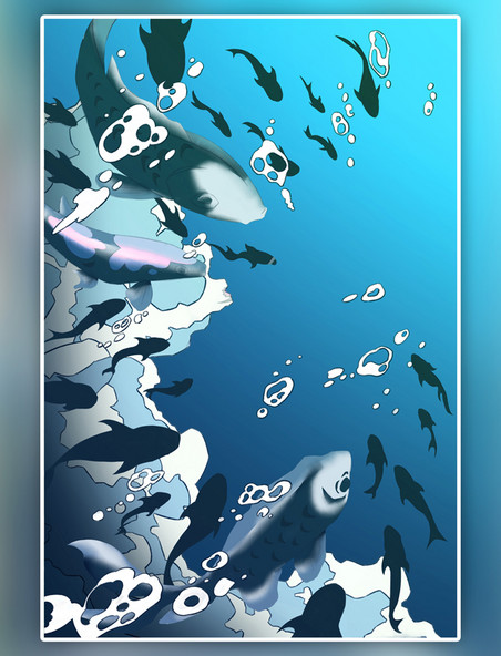 夏天水中鱼群水珠海洋保护深海插画