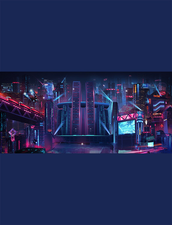 霓虹建筑紫色赛博朋克科幻场景庆典活动背景