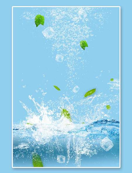 夏日水花蓝色清新绿叶冰块水面清凉夏天