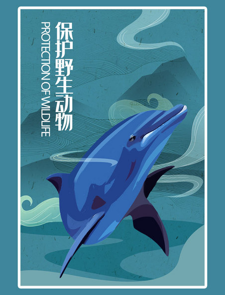 保护野生动物海豚手绘插画公益海报