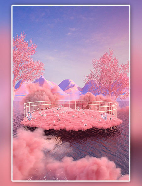 夏天3D立体C4D夏日粉色海上云雾背景