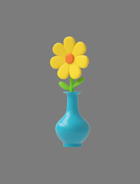 黄色C4D立体卡通花瓶盆栽花朵花卉植物