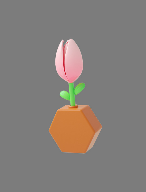 粉色C4D立体卡通花瓶花朵花卉植物
