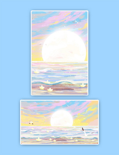 海边唯美浪漫景色海鸥水彩画套图