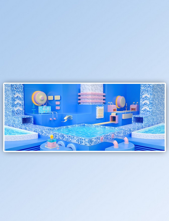 C4D立体狂暑季夏日清爽蓝色清凉游泳池背景
