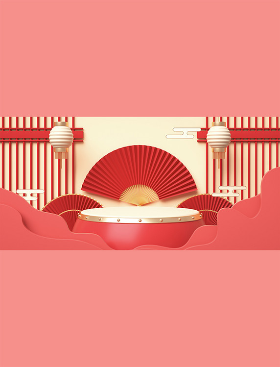 红色中国风国潮电商c4d展台背景