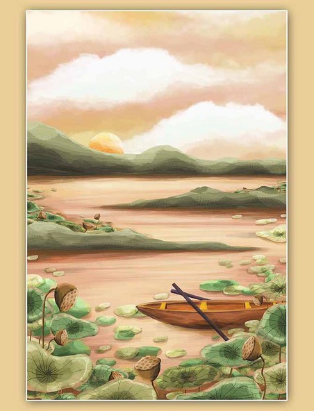 传统节气处暑荷花荷塘渔船远景插画背景