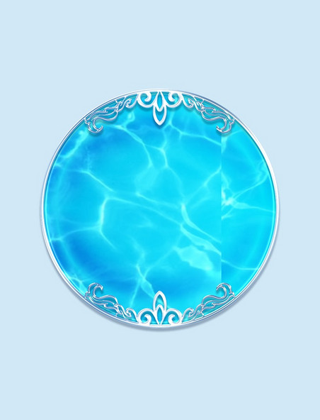 夏季夏天银色立体浮雕蓝色海水波纹花纹圆形边框